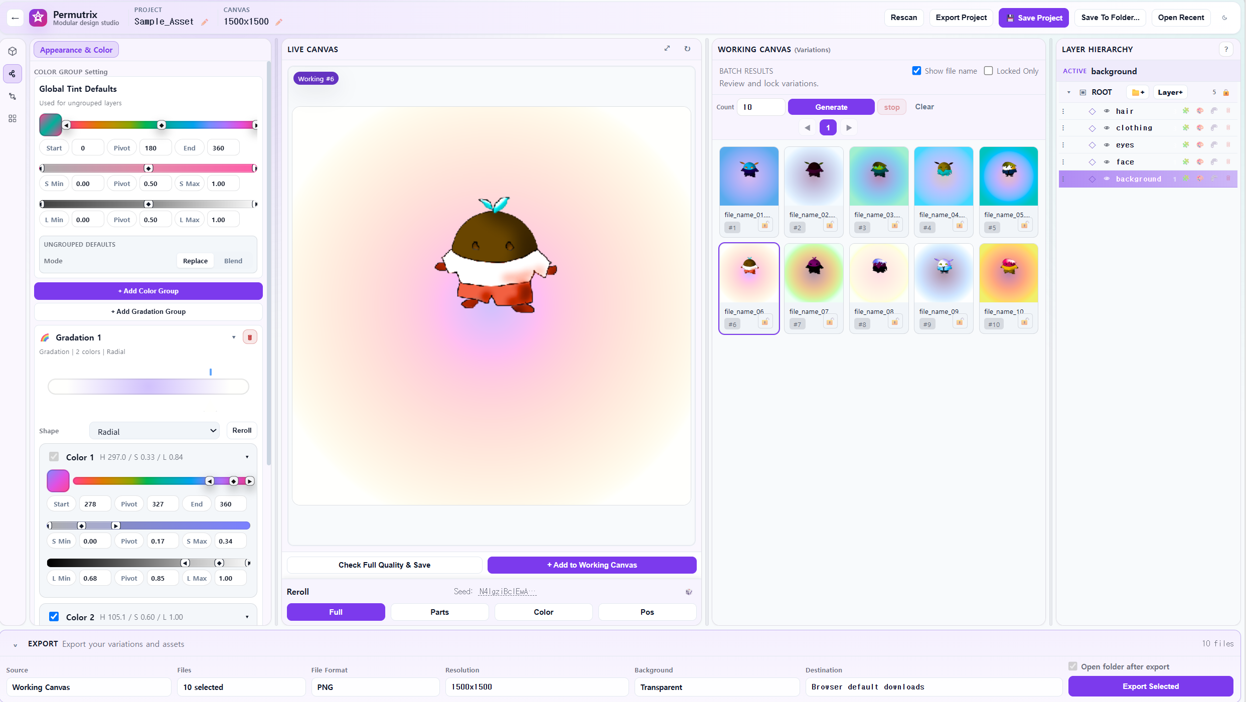 Permutrix workspace showing live canvas, working canvas, and layer hierarchy
